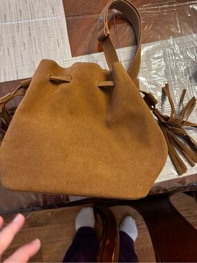 BCBG Suede Fringe Bucket Bag in Cognac Brown